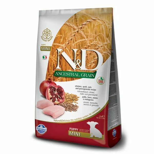 ND נטורל אנד דלישס גורים גזע קטן עוף, דגנים קדמונים ורימון - 7 ק"ג